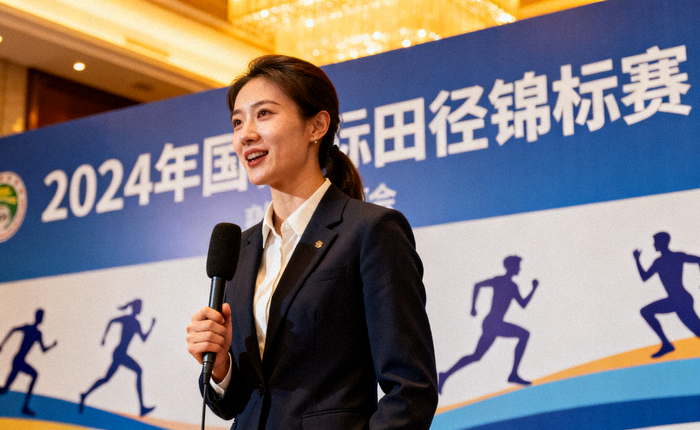体育新闻发布现场记者与赛事背景板画面